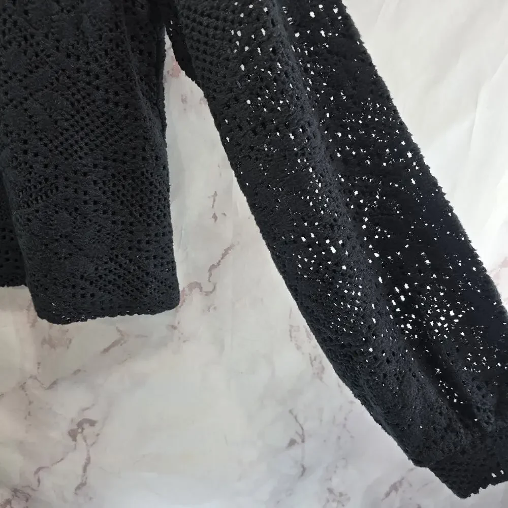 Anthropologie Shirt Womens Small Black Lace Eyelet Balloon Puff Sanctuary
